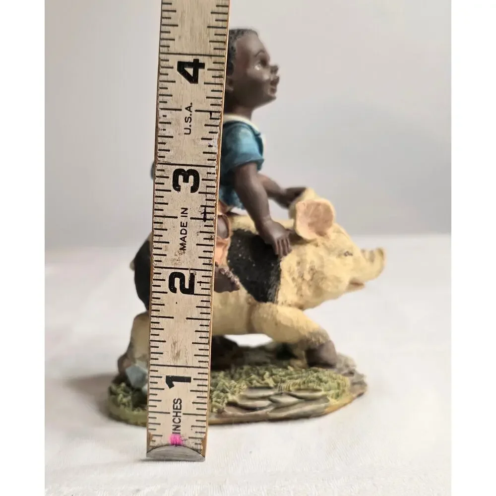 Vintage African American Boy Pig Herder/Rider Figurine Ceramic/Resin 4 1/2